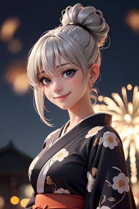 (realistic:1.4), (extremely intricate:1.2), (anime:1.2), 1girl, silver hair, hight ponytail, hair bun, french brad, solo,high contrast, night, dark, masterpiece, highly detailed, japanese matsuri, (giant firework:1.1), black kimono, (unlit scene:1.2), (underexposed:1.2), (depth of field:1.2), (bokeh:1.2), bangs, (smiling:1.2), makeup,