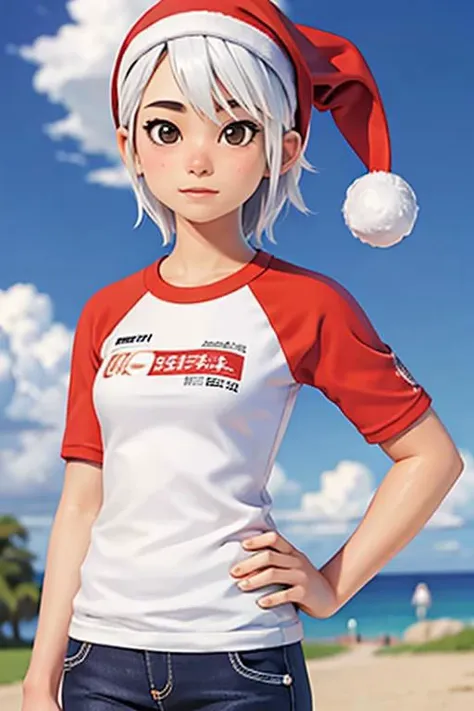 masterpiece, nice hands, best quality, 1girl, solo, ashley mizuki robbins, (raglan sleeves:1.1), white hair, short sleeves, teen, pants, christmas