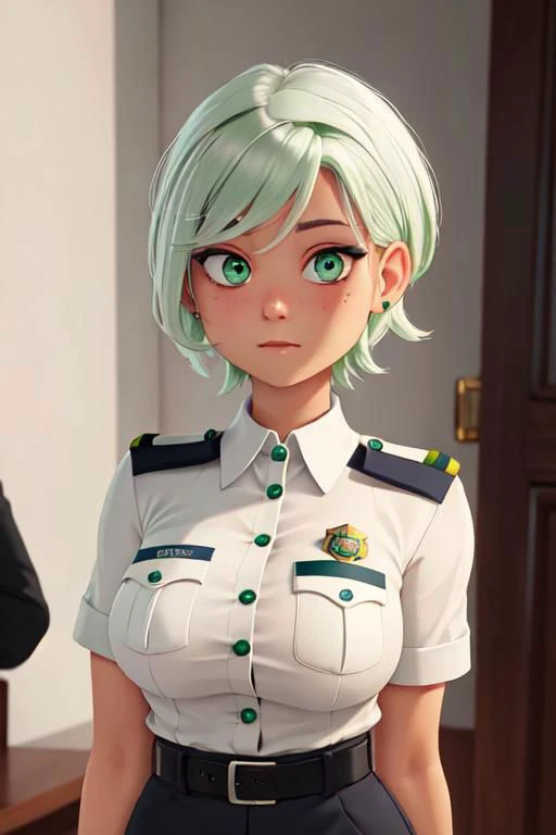 gwendolyn_tennyson, police uniform, toned, Oppai ,Upper body, green eyes,white hair, dark tan, portrait,