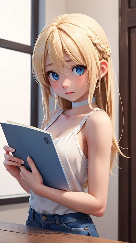 Masterpiece, sad, toned,, blonde hair, blue eyes, 1girl