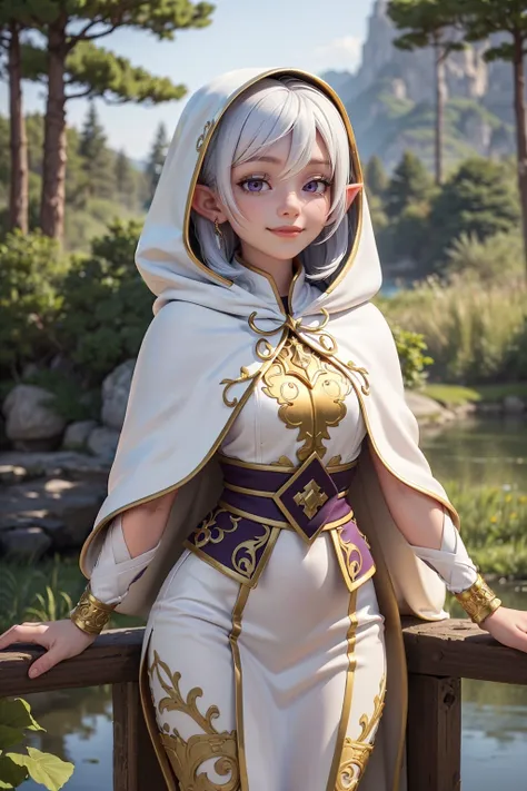 (high quality, best quality, masterpiece, grainy,high resolution, highly detailed:1.2), girl, see through white hooded cape,white hair, purple eyes, half closed eyes, tilted head, slight grin, detailed face, traditional clothing with golden intricate details, forest, capri pants, dynamic lighting, elf, next to pond,