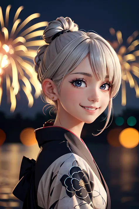 (realistic:1.4), (extremely intricate:1.2), (anime:1.2), 1girl, silver hair, hight ponytail, hair bun, french brad, solo,high contrast, night, dark, masterpiece, highly detailed, japanese matsuri, (giant firework:1.1), black kimono, (unlit scene:1.2), (underexposed:1.2), (depth of field:1.2), (bokeh:1.2), bangs, (smiling:1.2), makeup,