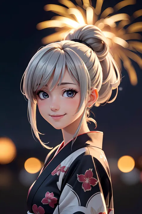(realistic:1.4), (extremely intricate:1.2), (anime:1.2), 1girl, silver hair, hight ponytail, hair bun, french brad, solo,high contrast, night, dark, masterpiece, highly detailed, japanese matsuri, (giant firework:1.1), black kimono, (unlit scene:1.2), (underexposed:1.2), (depth of field:1.2), (bokeh:1.2), bangs, (smiling:1.2), makeup,