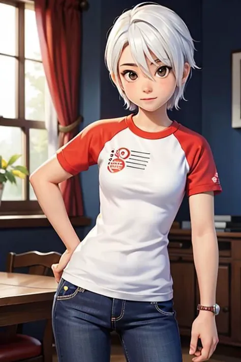 masterpiece, nice hands, best quality, 1girl, solo, ashley mizuki robbins, (raglan sleeves:1.1), white hair, short sleeves, teen, pants,