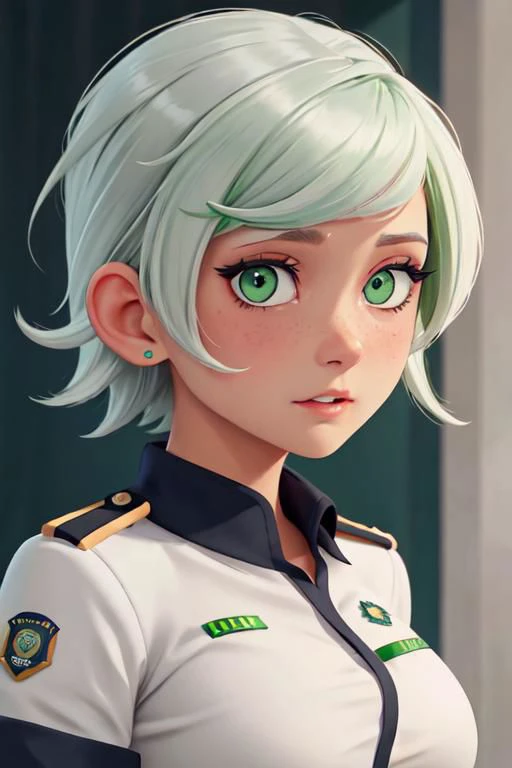 gwendolyn_tennyson, police uniform, toned, Oppai ,Upper body, green eyes,white hair, dark tan, portrait,