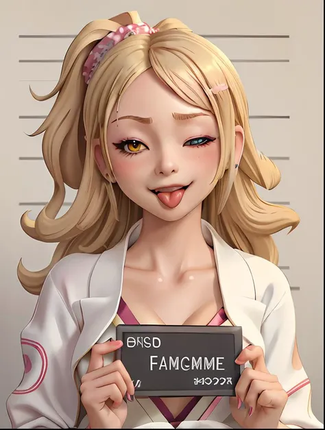 masterpiece, 1woman, gyaru <lyco:AnimeGal_v10:1>, solo, makeup face, thick lips, medium blonde long hair , looking at viewer, gray Kimono Jacket , open mouth, (tongue out:1.331), (one eye closed:1.331), nose blush, (smug smile), (milf:1.331), (nsfw:1.331), barbie mugshot <lyco:barbieMugshot_A:0.8>, (holding sign), height chart, (solo:1.331)