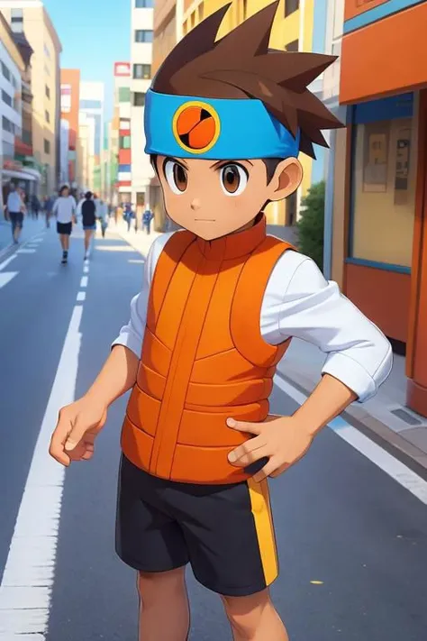 masterpiece, nice hands, best quality, 1boy, solo, Lan Hikari, brown hair, brown eyes, blue bandana, child, roller skates, street, akihabara background, shorts, (black shorts:1.5), white shirt, orange vest, from above