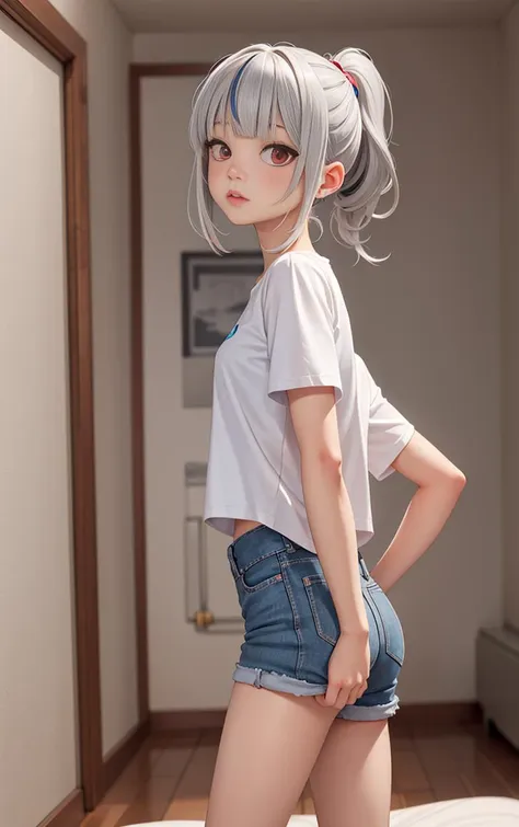 girl, silver hair, streaked hair, low ponytail, blunt bangs, hairclip, red eyes, t shirt, room