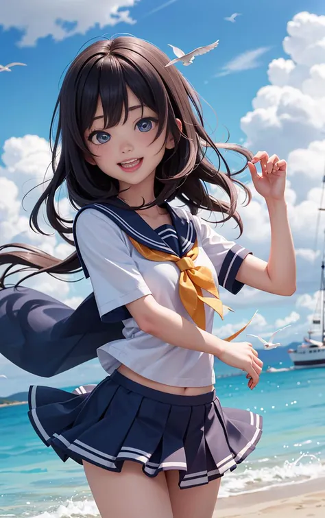 iku nakatani (million live), (best quality, 8K, masterpiece, ultra detailed:1.2), dynamic pose, cinematic angle, cowboy shot, light particles, sparkle, beautiful detailed eyes, shiny skin, shiny hair, day, dappled sunlight, blue sky, beautiful clouds, beach, wide shot, depth of field, blurry, sailing boats, ocean, seagull, islands in distance, 1girl, solo, skirt, smile, cute, happy, open mouth, sailor collar, shirt, pleated skirt, short sleeves, :d, school uniform, serafuku, collarbone, ribbon, bow, <lora:Iku_Nakatani-000016_v1.0:1>