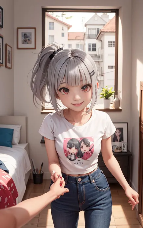 girl, silver hair, black hair, low ponytail, blunt bangs, hairclip, red eyes, t shirt, room,light smile,pov,