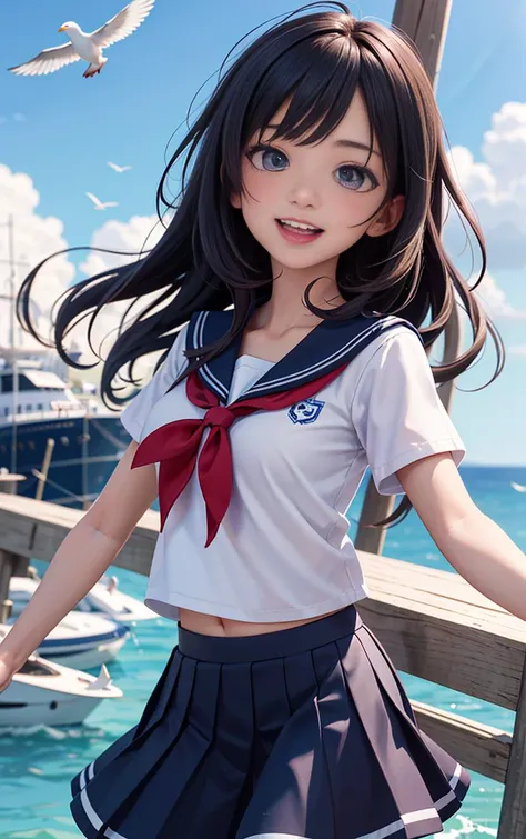 iku nakatani (million live), (best quality, 8K, masterpiece, ultra detailed:1.2), dynamic pose, cinematic angle, cowboy shot, light particles, sparkle, beautiful detailed eyes, shiny skin, shiny hair, day, dappled sunlight, blue sky, beautiful clouds, beach, wide shot, depth of field, blurry, sailing boats, ocean, seagull, islands in distance, 1girl, solo, skirt, smile, cute, happy, open mouth, sailor collar, shirt, pleated skirt, short sleeves, :d, school uniform, serafuku, collarbone, ribbon, bow, <lora:Iku_Nakatani-000016_v1.0:1>