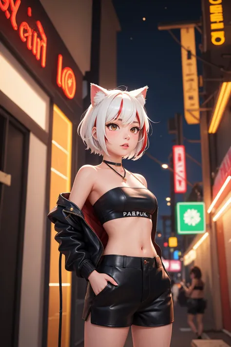 sfw, solo, cyerpunk, catgirl, white hair, outdoors, night, red streaked hair, neon lights, open jacket, short hair, black shorts, straps, leather tube top