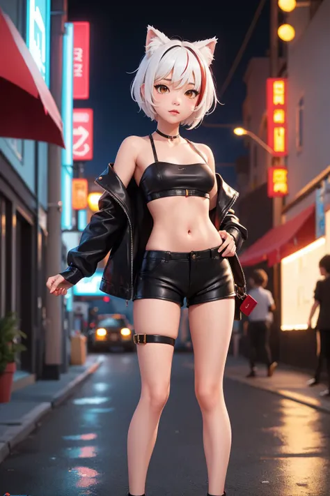 sfw, solo, cyerpunk, catgirl, white hair, outdoors, night, red streaked hair, neon lights, open jacket, short hair, black shorts, straps, leather tube top
