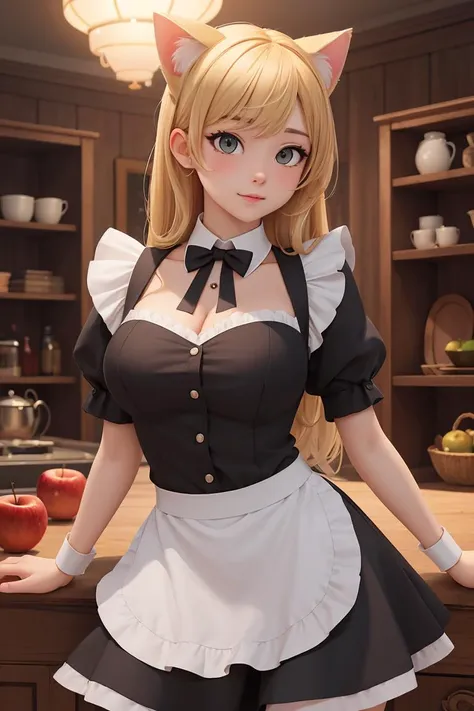 (masterpiece), best quality, high resolution, highly detailed, detailed background, perfect lighting, 1girl, maid, blonde hair, cat ears, large breasts, apple