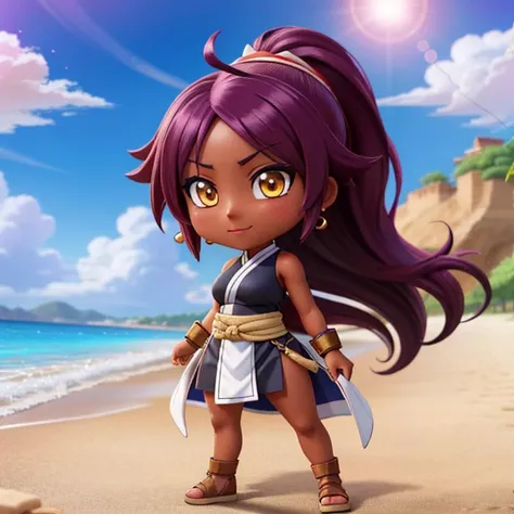 chibi, high quality, highly detailed, 1girl, isometric, <lora:bleach_shihouin:0.8> shihouin yoruichi, dark skin, dark-skinned female, ponytail, on beach, combat clothes