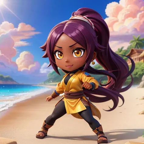 chibi, high quality, highly detailed, 1girl, isometric, <lora:bleach_shihouin:0.8> shihouin yoruichi, dark skin, dark-skinned female, ponytail, on beach, combat clothes