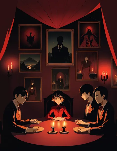 Group of stylized characters, (no visible faces:1.3), various colored suits, (ominous shadows:1.2), vintage framed pictures on wall, (richly draped red curtains:1.1), (candles in foreground with dramatic lighting:1.2), mysterious meeting, (atmospheric room:1.1), moody and dark tones, narrative illustration, (suspenseful vibe:1.3).