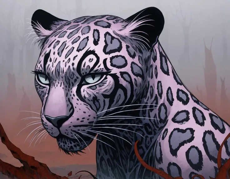 stylized by Kay Nielsen, grand Spray paint style, Extraordinary dark pastel Leopard, inside of a Guinea-Bissau, Foggy conditions, in focus, Hopeless, Depth of field 270mm, Rust sky, full of color