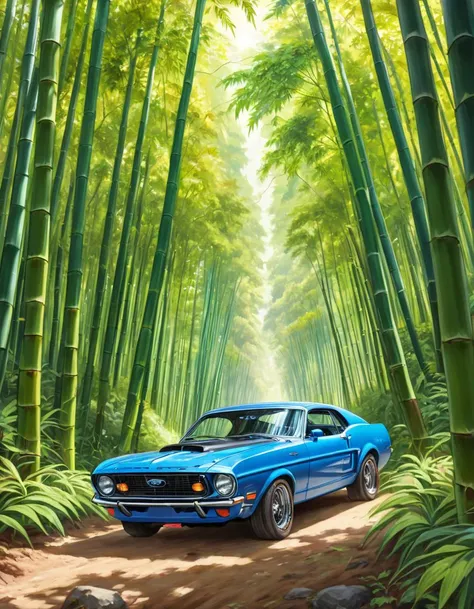 designed by Thomas Häfner, Painting, Oil painting, Voluminous Ford, Labyrinthine Bamboo Forest in background, ultrafine detailed, Queencore, specular lighting, Selective focus, pixiv