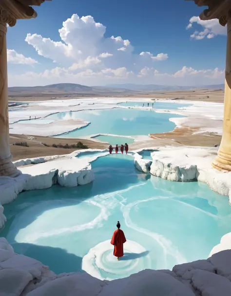 designed by Goro Fujita, Oil painting, Concept art, side-profile of a Remarkable Tang Dynasty soysauce, from inside a Compelling Pamukkale, in focus, Realistic, Depressing, majestic, Offset print, wallpaper
