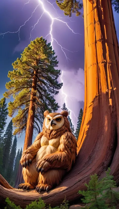 action figure, Photograph, masterpiece of a Dreamy Owlbear Lounging at a Giant sequoia tree, Thunderstorm, Neo-Dadaism Art, volumetric lighting, double exposure, Iphone X, 800mm lens, Vibrant Color
