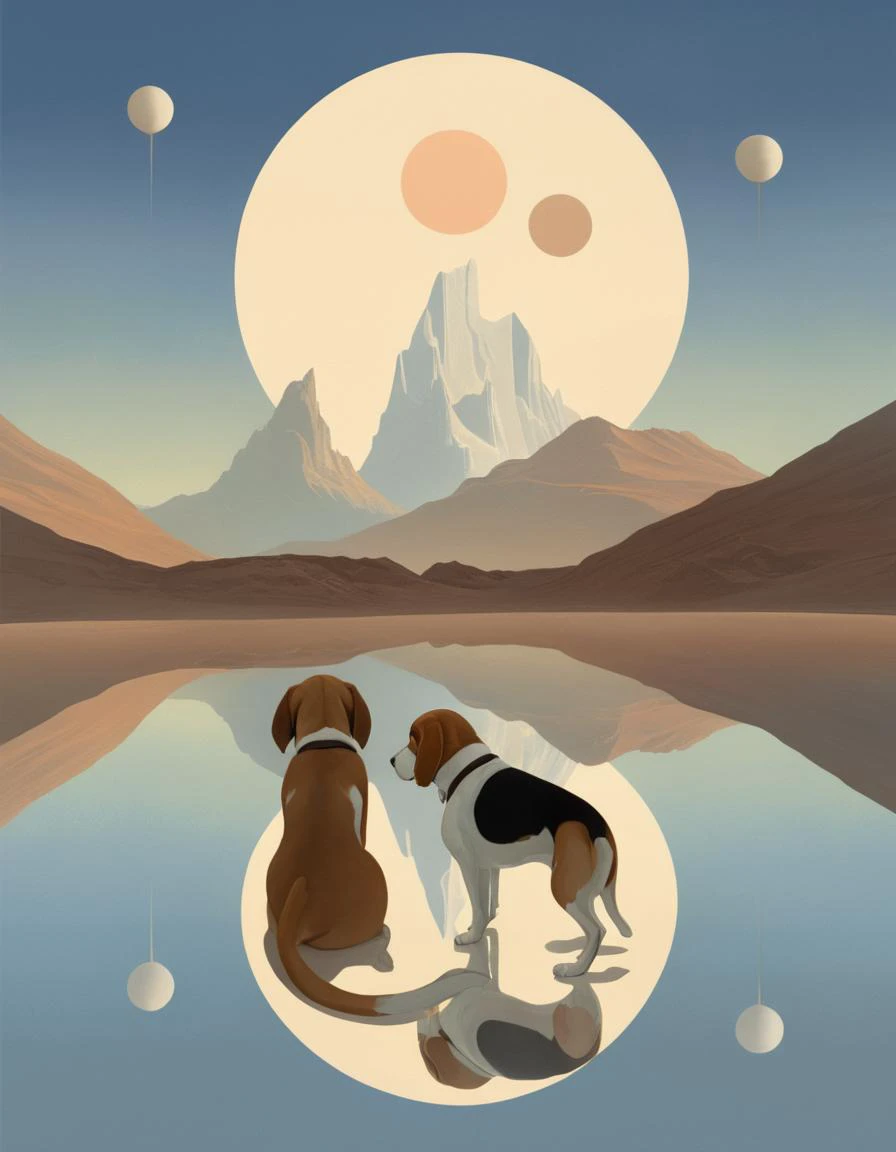 [designed by Chesley Bonestell| Tiffany Bozic], Digital art, Oil painting, Beagle, Confused, Reflected light, Muted Colors