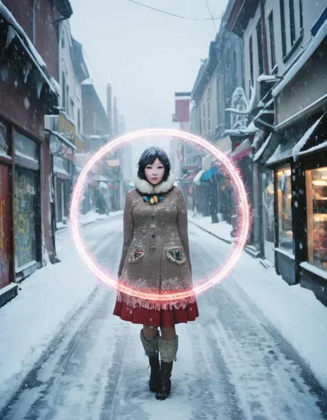 Cosplay Photograph, Color splash, Knitted of a Shabby large Inuit (Female Pop star:1.1) , with a portal to another world fairy tale, street in background, Snowing, in focus, stylized by Ron Arad, Intentional Camera Movement, Fujicolor Pro 400H, Depth of field 270mm, Double Exposure