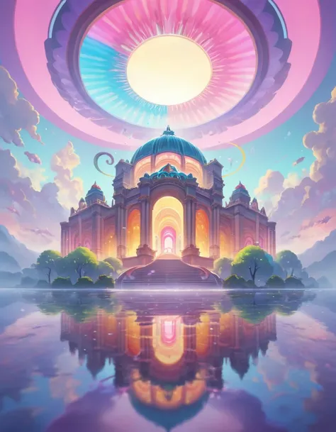 designed by Lorenz Hideyoshi, Painting, Oil painting, Painting, landscape of a Soothing Palacio de Bellas Artes, Foggy conditions, 60s Kitsch and Psychedelia, Reflected light, Muted Colors, League of Legends Splash Art