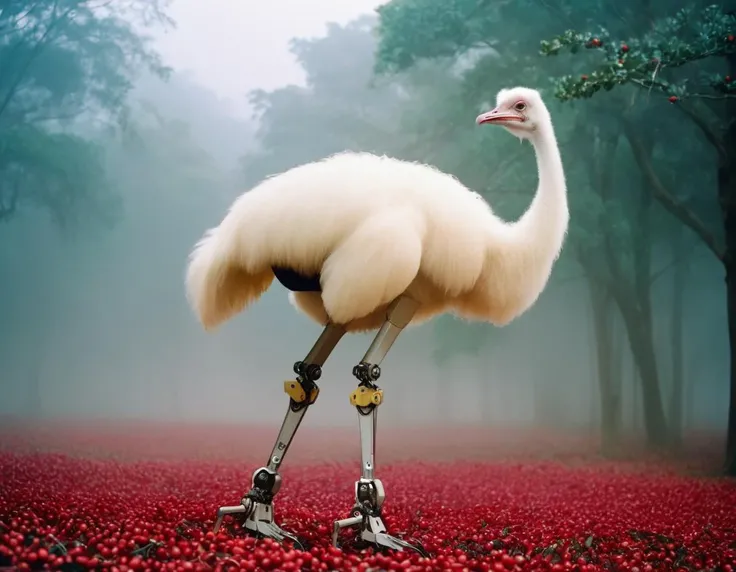 designed by Abraham Pether and Zhichao Cai, Water color painting, Cosplay Photograph, masterpiece, side view shot of a Absurd Robotic Ostrich, Holly background, Foggy conditions, Cartelcore, Side lighting, Lomography Color 100, L USM, Offset print