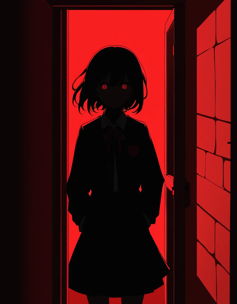 Anime girl with (short black hair:1.1), school uniform with red bow, (silhouetted against a red, window-lit hallway:1.3), mysterious aura, dramatic shading, high contrast, intense and somber mood, (text overlay: ".is you.":1.1), psychological thriller vibe, (shadowed face with a hint of light on eyes:1.2), suspenseful atmosphere.