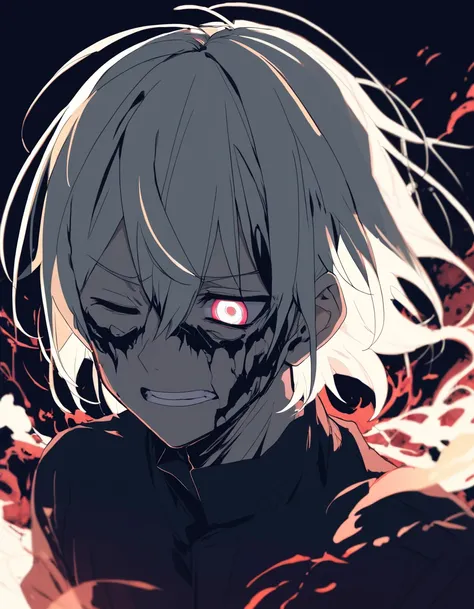 Anime character with (blonde hair:1.1), half face normal, half face with (dark, charred texture:1.3), (one eye closed:1.2), (expression of pain or resignation:1.2), blurred background suggesting movement or chaos, high emotional impact, (manga-style art:1.1), subtle color tones on unharmed side, contrasting destruction on the other, (sense of mystery:1.2), (Tokyo Ghoul influence:1.3).