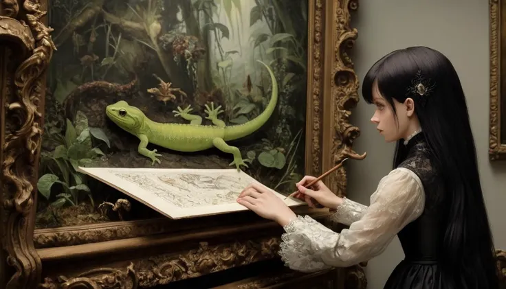 art by Carl Theodor Dreyer, Vamberk Lace, Drawing, Oil painting of a Dreamlike Pretty Newt, from inside a Museum, ultrafine detailed, Neogothic Art, 80mm, lots of details