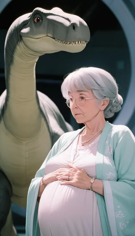 [ (stylized by Dorothea Lange:0.8) and Howard Finster:6], Photograph, Raw digital photo, Deeply Thoughtful hefty (Grandma:1.2) , dressed in Opal Maternity wear with Diplodocus trimmings, she has a Rings, Portal in background, shallow depth of field, Anime screencap, Fujicolor Superia X-TRA 400, Depth of field 100mm, Kinemacolor, pixiv, dslr