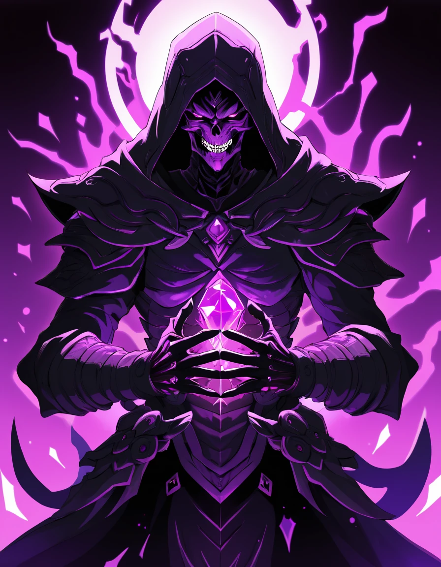 Central figure of (skeletal anime character:1.3), menacing grin, (dark wizard attire with purple accents:1.2), (gauntleted hands with jewel-encrusted rings:1.3), (red orbs floating:1.2) at sides, high-contrast lighting, dark background, (overlord style:1.2), commanding presence, fantasy-themed illustration, (aura of power:1.3), detailed armor design.