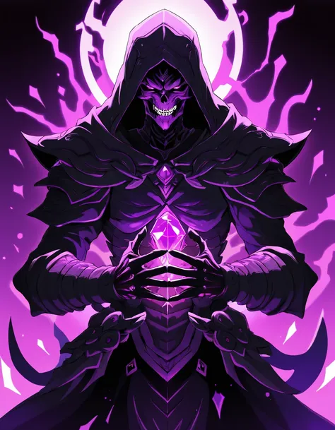 Central figure of (skeletal anime character:1.3), menacing grin, (dark wizard attire with purple accents:1.2), (gauntleted hands with jewel-encrusted rings:1.3), (red orbs floating:1.2) at sides, high-contrast lighting, dark background, (overlord style:1.2), commanding presence, fantasy-themed illustration, (aura of power:1.3), detailed armor design.