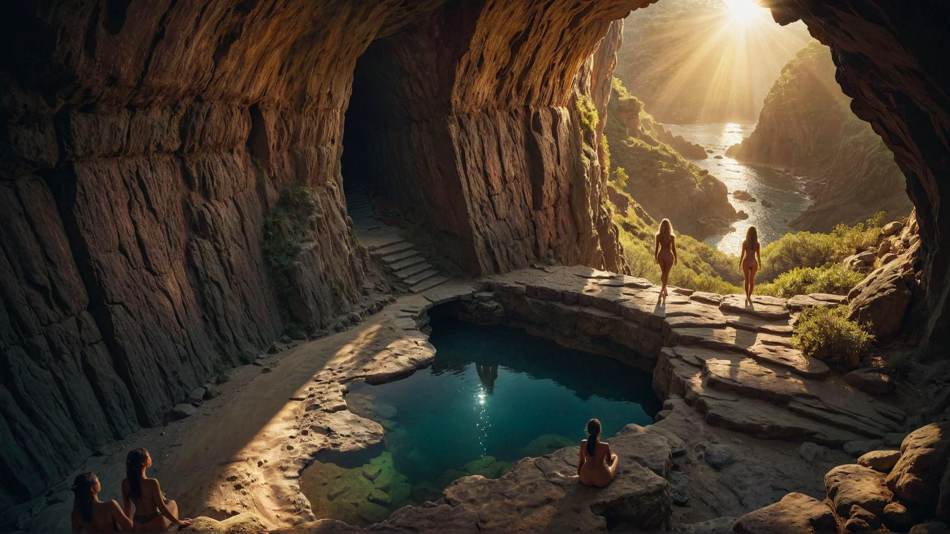 cinematic film still View from above, Style-Hamunaptra,a view of a group of cute curvy naked women exploring a dark cavern,various races,very long Medium Blonde hair,(((ornate and intricate tribal paint))),Yuri,exotic animals in background, (backlighting), realistic, masterpiece, highest quality, lens flare, shade, bloom, [[chromatic aberration]], by Jeremy Lipking, by Antonio J. Manzanedo, digital painting,fit,highly detailed skin with hair, beautiful, depicted warm colors, ambient light, excellent composition, dynamic dramatic cinematic aesthetic, very inspirational, intricate, elegant, fine detail, highly reflected, deep color, pristine, vivid, complex, vibrant, magical background, enhanced, rich bright, romantic, iconic, brave, sublime, glorious, singular, epic, full, shallow depth of field, vignette, highly detailed, high budget Hollywood film, cinemascope, moody, epic, gorgeous
