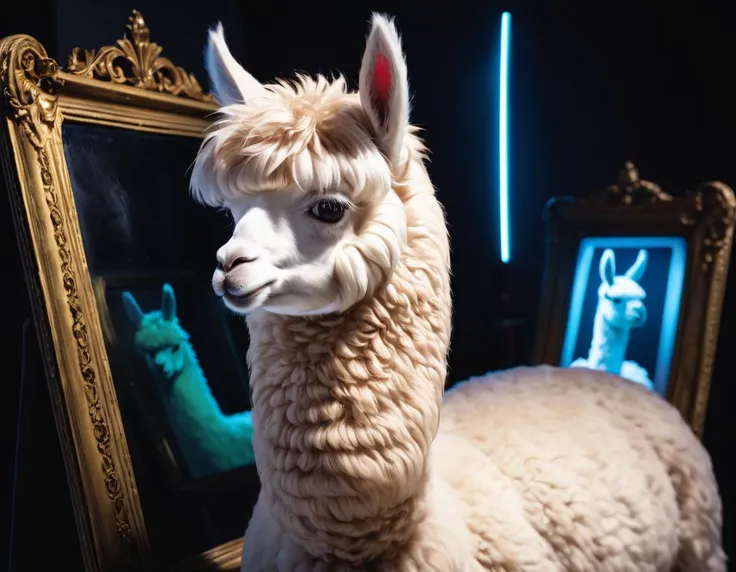 Cinematic still, fashion editorial, Water color painting of a masterpiece, Alpaca, the Alpaca is very Saturated and Epic, Neon Light, Ambrotype