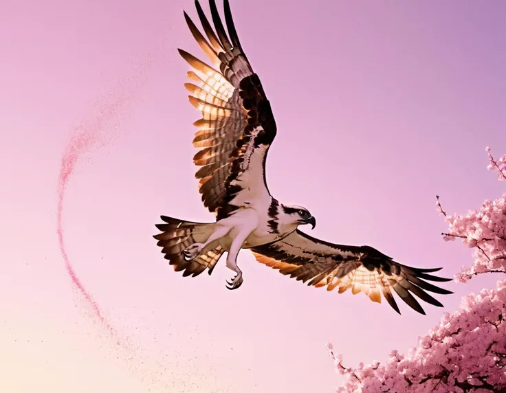 Drawing, Digital art, shot from side of a Evil Extraordinary Osprey, Neutron star background, at Golden hour, soft focus, Rollerwave, Lomography, cherry blossom pink and dust particles