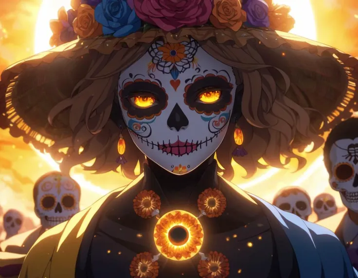detailed Painting, 8k, "You Win or You Die", shallow depth of field, Anime screencap, Lens Flare, Provia, de dia los muertos, Solar eclipse, art by Serge Attukwei Clottey