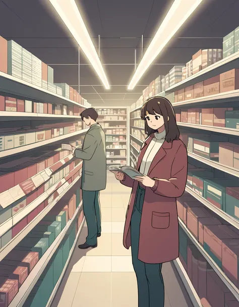 Three people browsing in a store aisle, male in foreground reading a magazine, (casual clothing:1.1), women examining products, retro aesthetic, muted color tones, shelves stocked with goods, quiet shopping atmosphere, everyday life scene, (nostalgic illustration style:1.2), soft lighting, perspective focused on customers, detailed texture portrayal.
