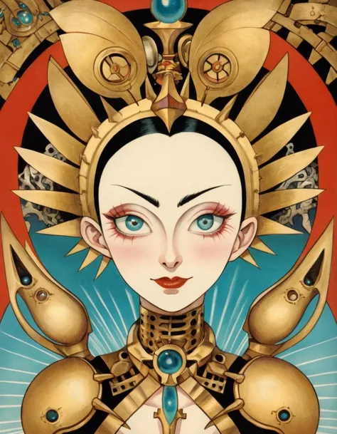 (masterpiece, best quality), IvoryGoldAI android geisha, reelmech, in a (cultivation tank), <lora:IvoryGoldAIv2:0.9>, <lora:reelmech1v2:0.5>, <lora:cultivation_tank_lora01:0.8>, <lora:fractalized:0.2> fractal_environment, ((lineart)), ((plain black and white)), intricate detailed linework, <lora:animeoutlineV4_16:0.3>, medium shot, front view, symetrical composition