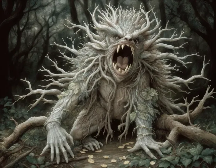 Painting, Photograph, highly detailed, ("Safe":1.2) , it is Raging, (Colorless theme:0.7) , Aggravated nature with Bark, Hopeless, split lighting, Slow Shutter Speed, Ilford XP2 400, F/8, anaglyph effect, hyperdetailed, (art by Wendy Froud:1.3) , (Chip Zdarsky:1.3)