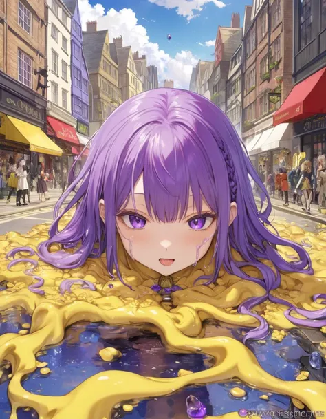 by Eleanor Fortescue-Brickdale, Digital art, Anime, 8k, ("I saw the best minds of my generation destroyed by madness.":1.2) , it is Slimy, city street, dripping deep yellow and purple