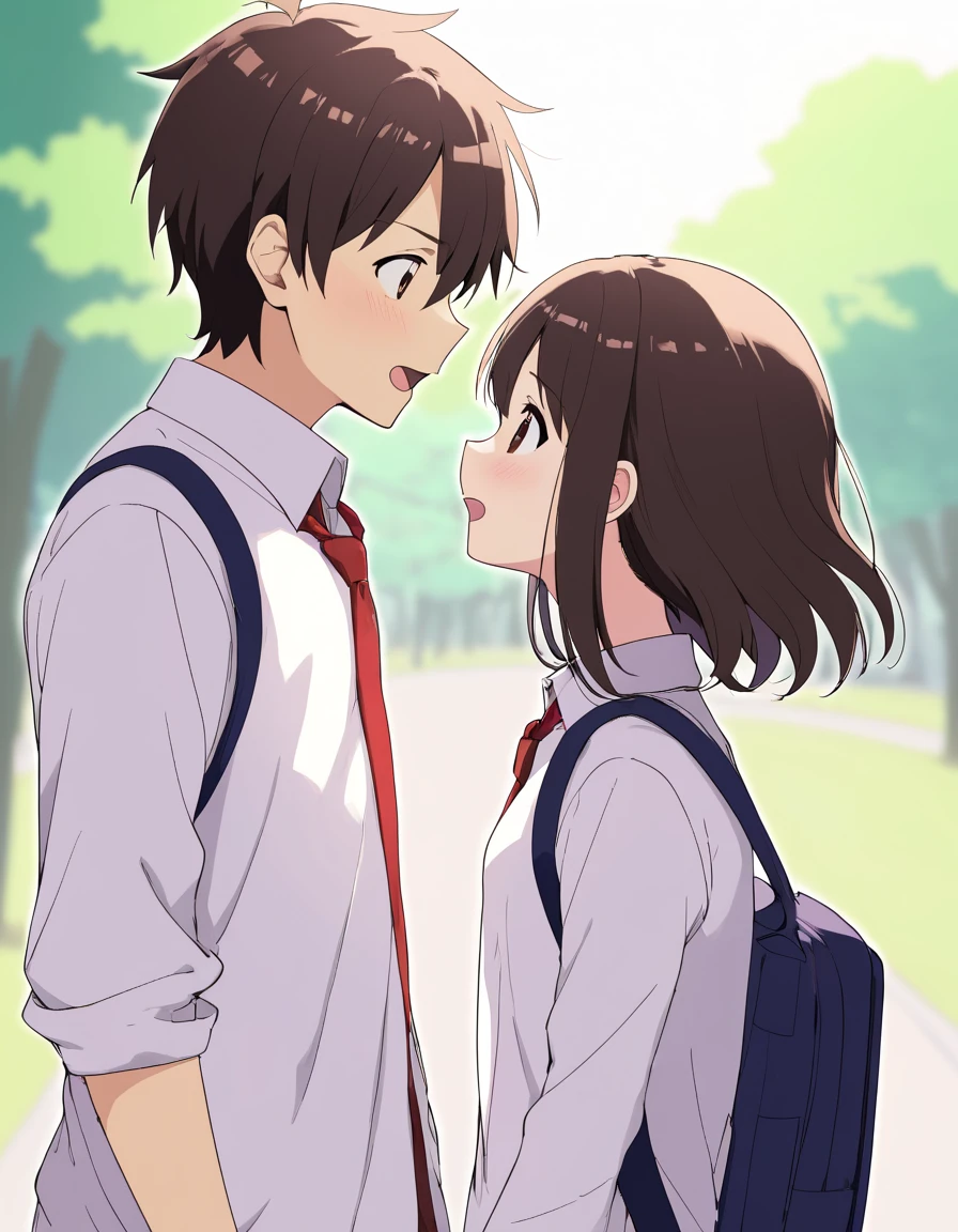 Side-view of two anime characters, (male with short dark hair:1.1), (female with long brown hair:1.1), both in school uniforms, (expressing surprise:1.2), outdoor school setting, soft daylight, (casual interaction:1.3), natural colors, (relatable school life scene:1.2), subtle background blur, clear focus on characters, mid-conversation moment, (slice of life genre:1.2).