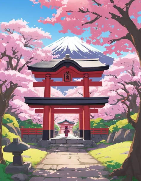 Traditional Japanese shrine entrance, (sakura trees in full bloom:1.3), Mount Fuji in the background, three people in cultural attire, (falling cherry blossoms:1.2), stone lanterns, vibrant red torii gate, (serene atmosphere:1.1), soft shadows, tranquil sky, detailed architecture, peaceful spring scene, lush greenery, cultural landscape.
