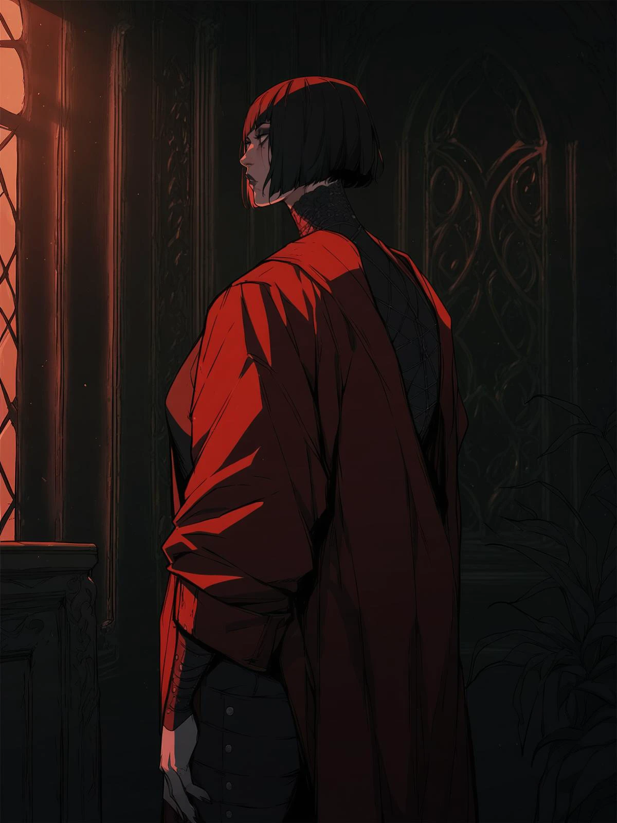 adult woman, black hair, bob cut, gothic, heavy dark make up, standing, indoors, red fur coat, <lora:AshTALYN_SOD3:0.8>, score_9, score_8_up, score_7_up
