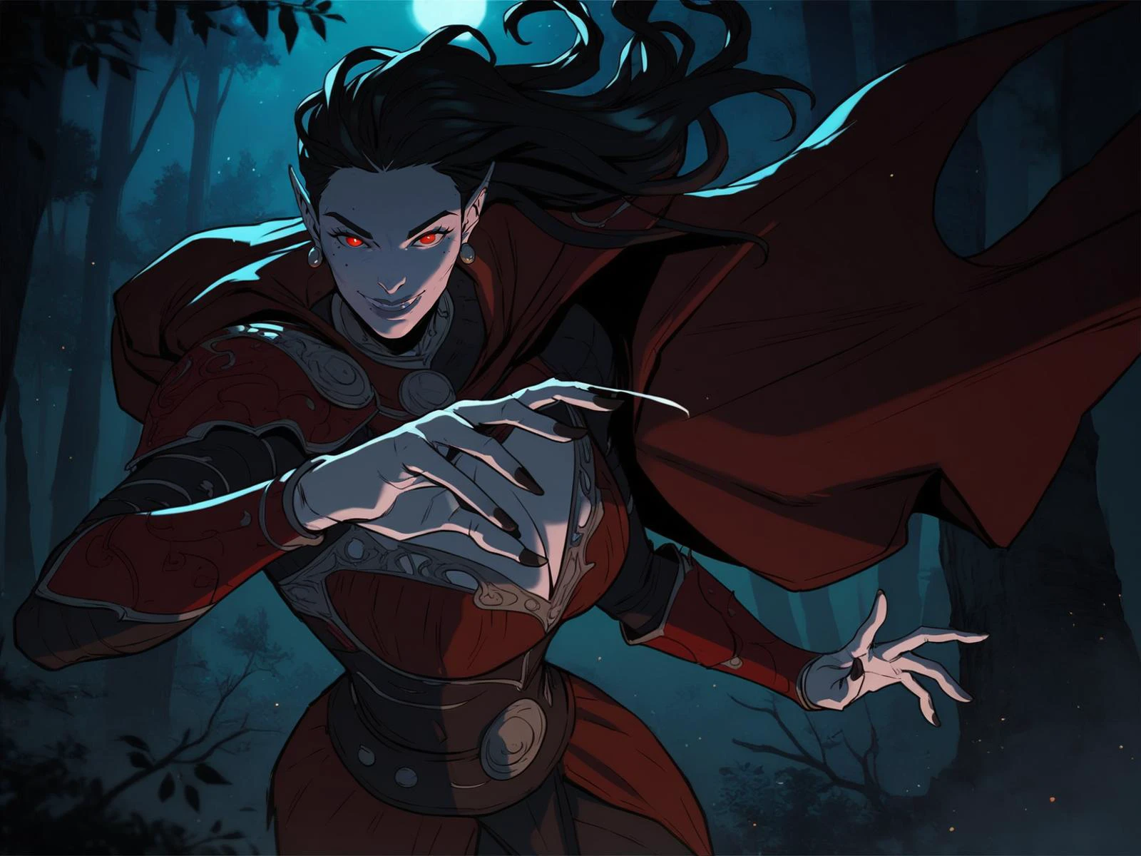 adult woman, vampire, red eyes, white skin, black hair, long hair, large breasts, red armor, earrings, jewelry, black fingernails, cape, looking at viewer, smile, battle stance, dark forest, night, dynamic angle, wind, solo, <lora:AshTALYN_SOD3:0.8>, score_9, score_8_up, score_7_up