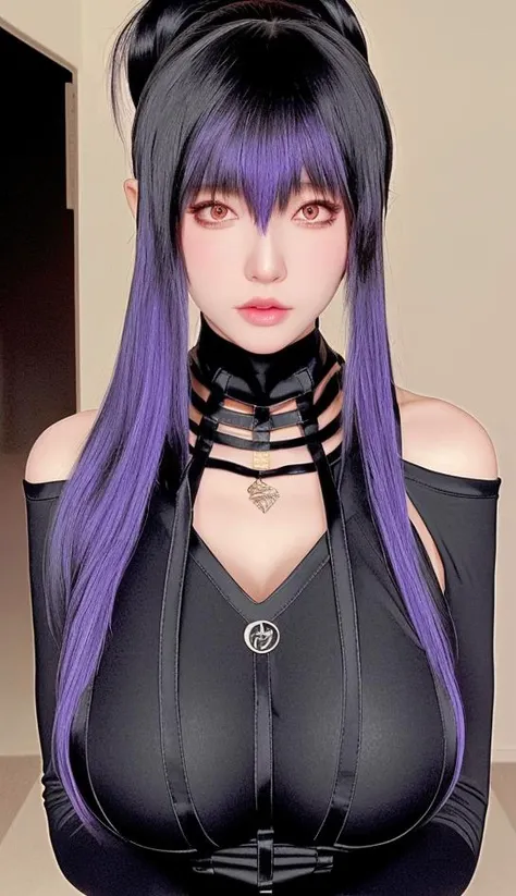 Black yoga pants hollow out,stand,(very Large chest:1.34),big ass,full body,very detail,High ponytail hairstyle, <lora:yorBriarRealistic_v10:0.88>,Slender fingers,Wearing a hollow out sweater on the upper body,Valentino high heels,Purple hair,chest cloth hollow out