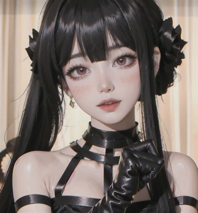 photorealistic,realistic, photorealistic, best quality, ultra high res, 1 Girl, ((Half Body)), rest chin on one's hands,black gloves,<lora:yorBriarRealistic_v10:1>, pureerosface_v1,