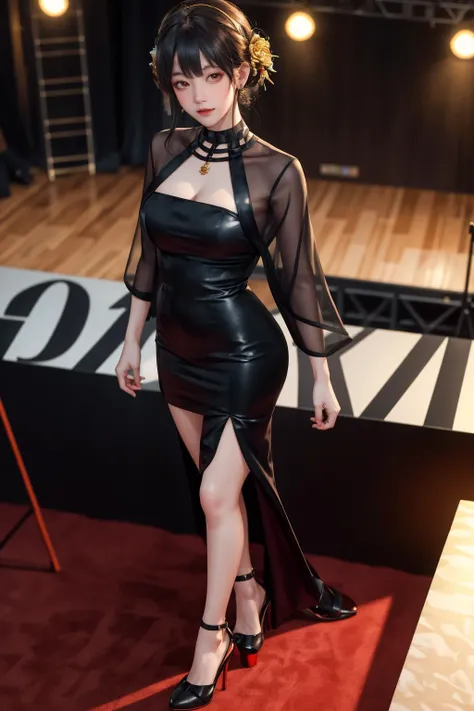 highres,absurdres,masterpiece,best quality,original,extremely detailed CG,extremely detailed wallpaper,perfect lighting,standing on the stage,blurry background,(from above),looking at viewer,
<lora:CHAR+YorBriar_1:0.7>,dress,high heels,<lora:GoodHands-beta2:1>,